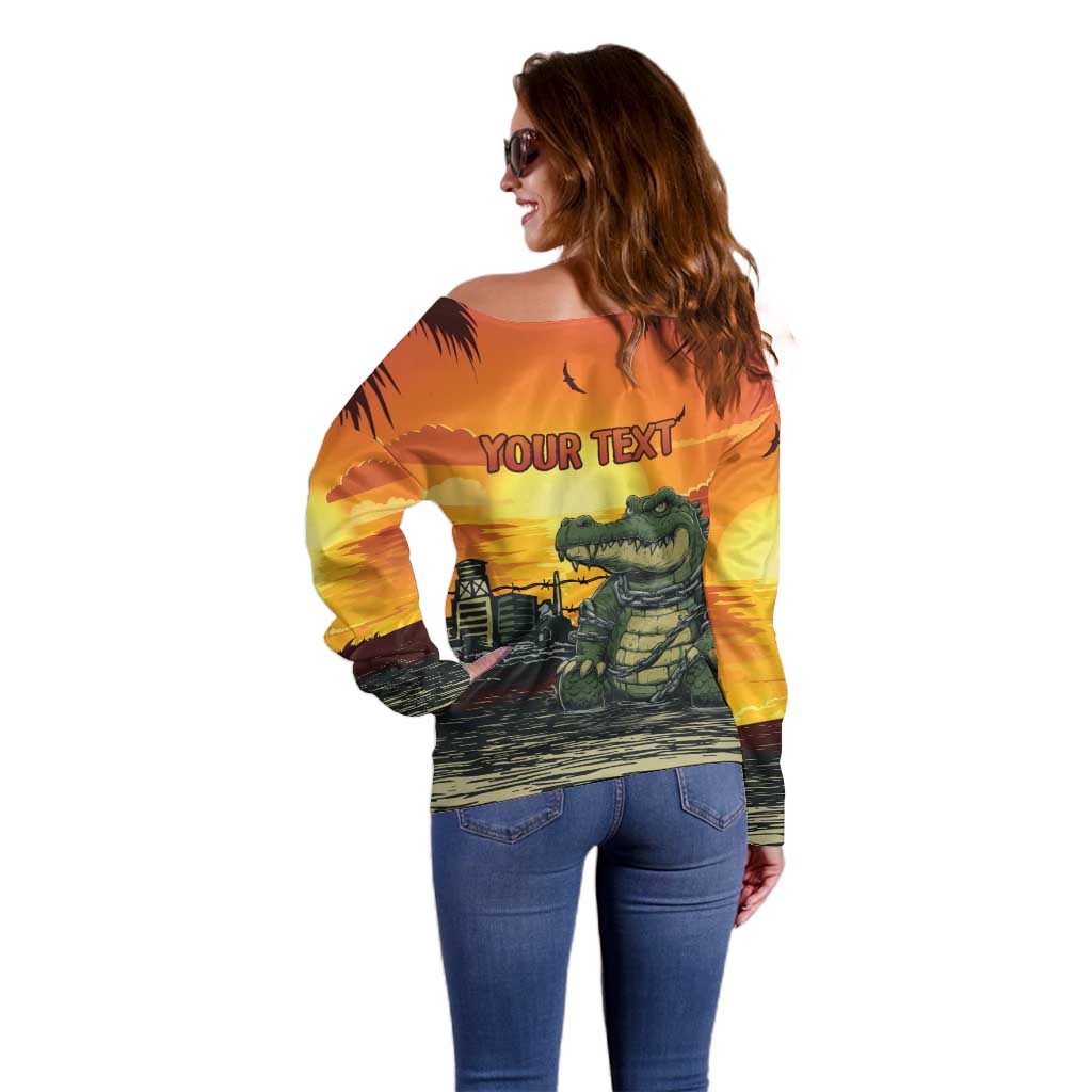 Personalized Alligator Alcatraz Off Shoulder Sweater Gator Island Prison Retro Sunset - Wonder Print Shop