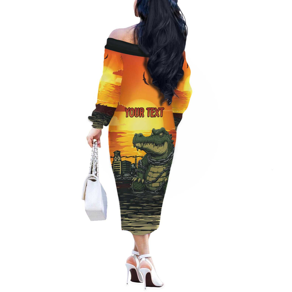 Personalized Alligator Alcatraz Off The Shoulder Long Sleeve Dress Gator Island Prison Retro Sunset - Wonder Print Shop