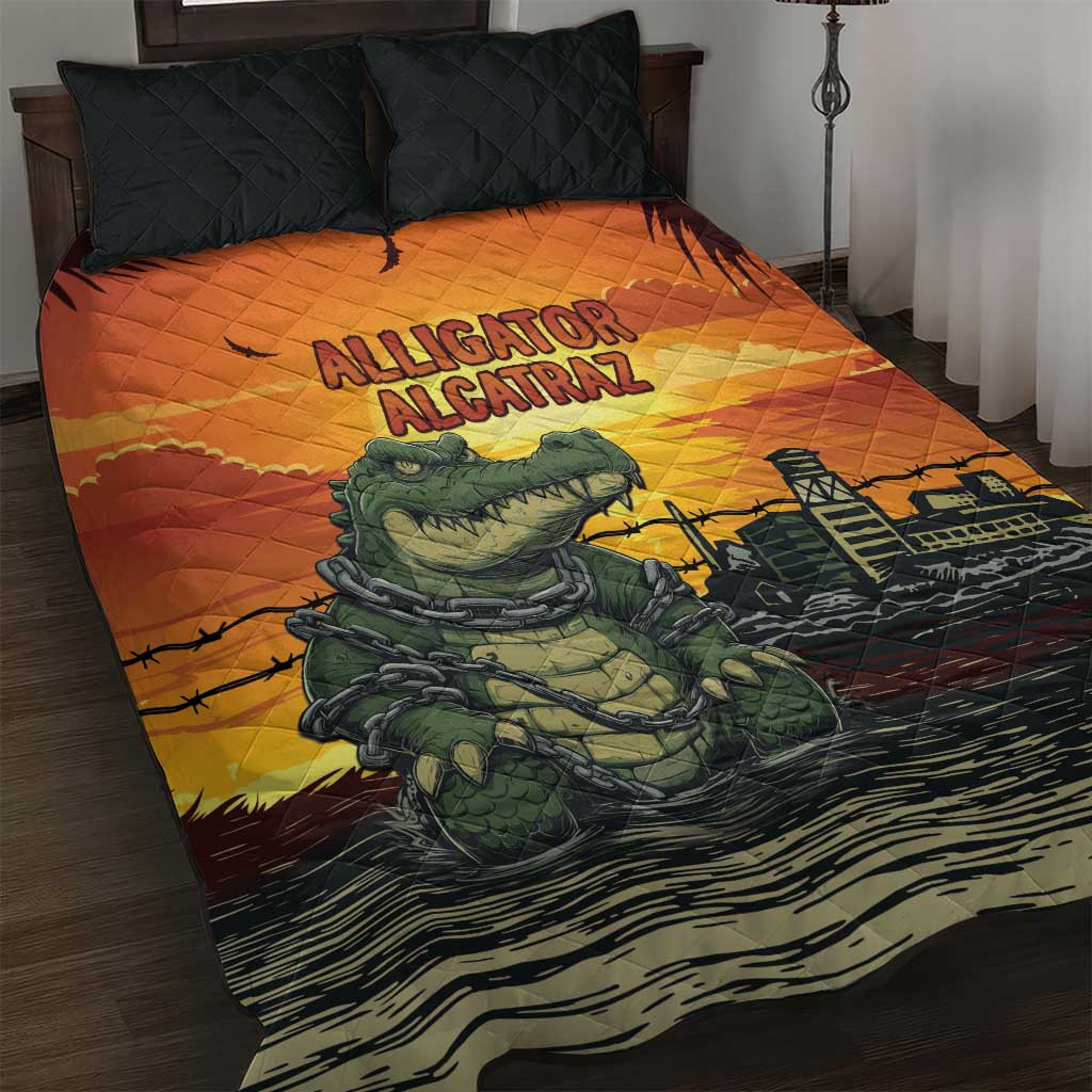 Alligator Alcatraz Quilt Bed Set Gator Island Prison Retro Sunset - Wonder Print Shop