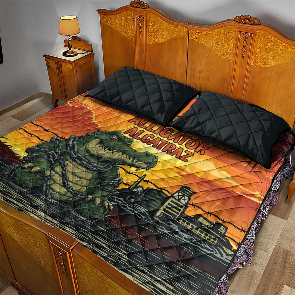 Alligator Alcatraz Quilt Bed Set Gator Island Prison Retro Sunset - Wonder Print Shop