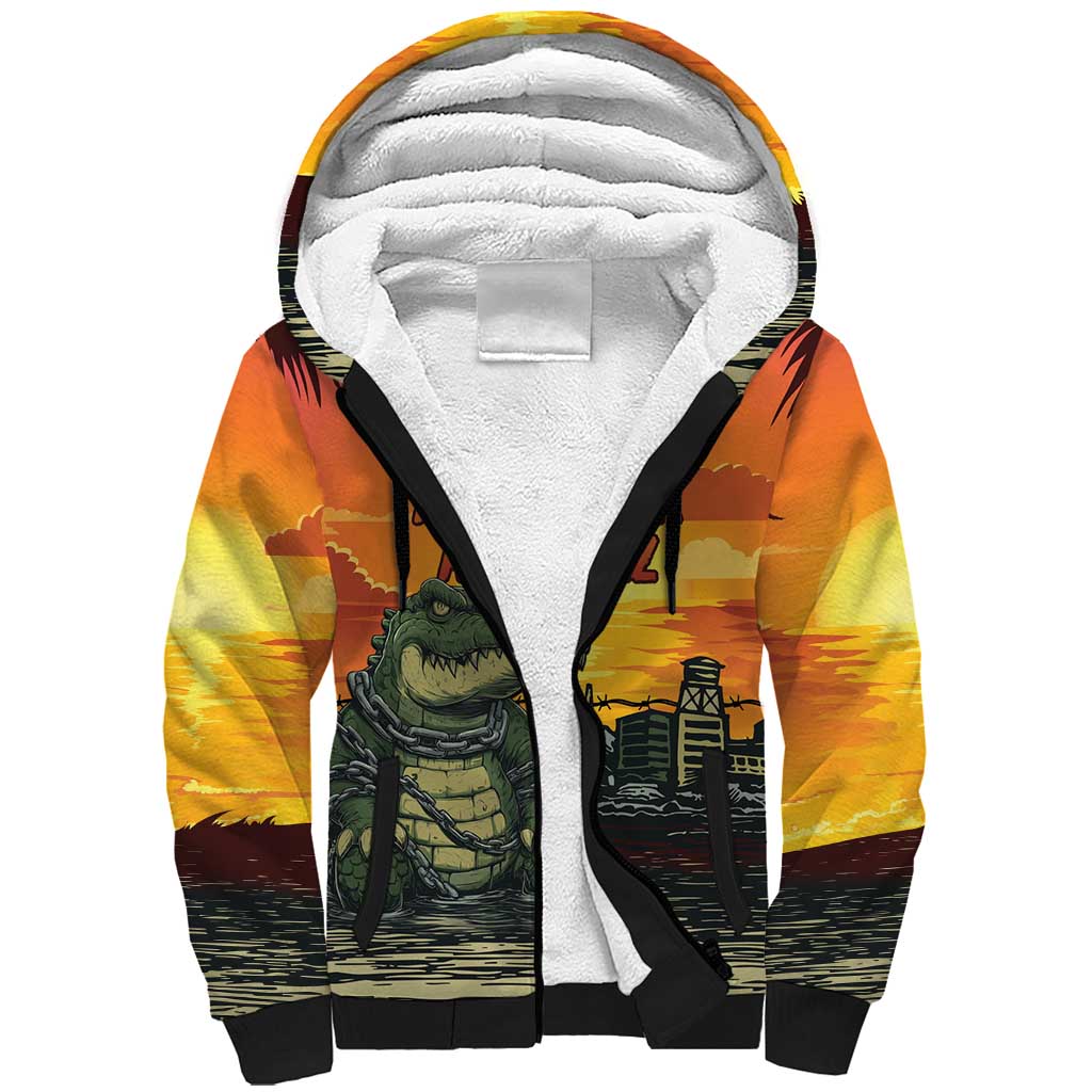 Personalized Alligator Alcatraz Sherpa Hoodie Gator Island Prison Retro Sunset - Wonder Print Shop