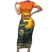 Personalized Alligator Alcatraz Short Sleeve Bodycon Dress Gator Island Prison Retro Sunset - Wonder Print Shop