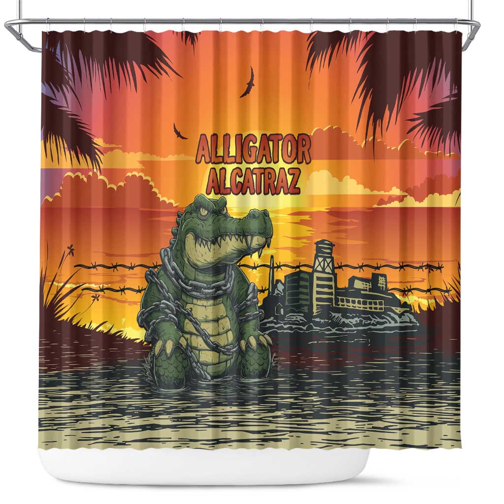 Alligator Alcatraz Shower Curtain Gator Island Prison Retro Sunset - Wonder Print Shop