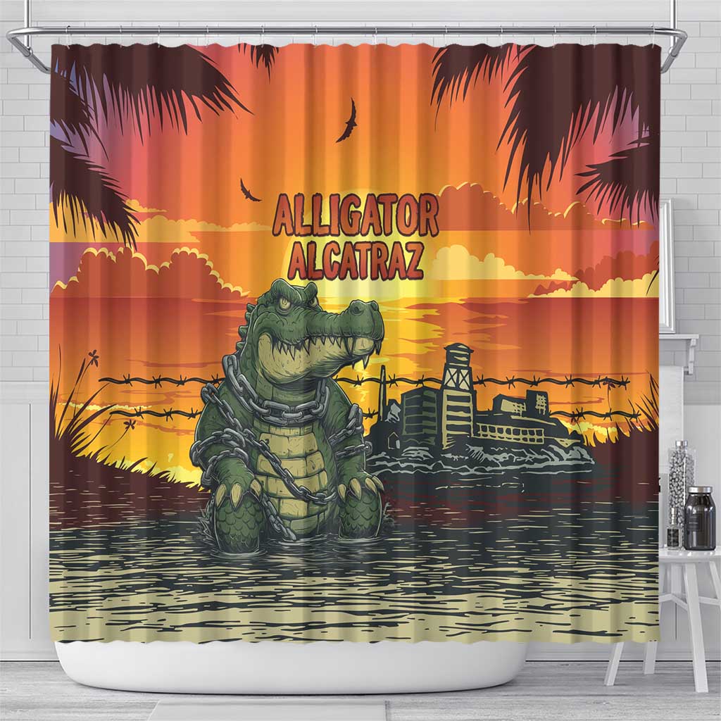 Alligator Alcatraz Shower Curtain Gator Island Prison Retro Sunset - Wonder Print Shop