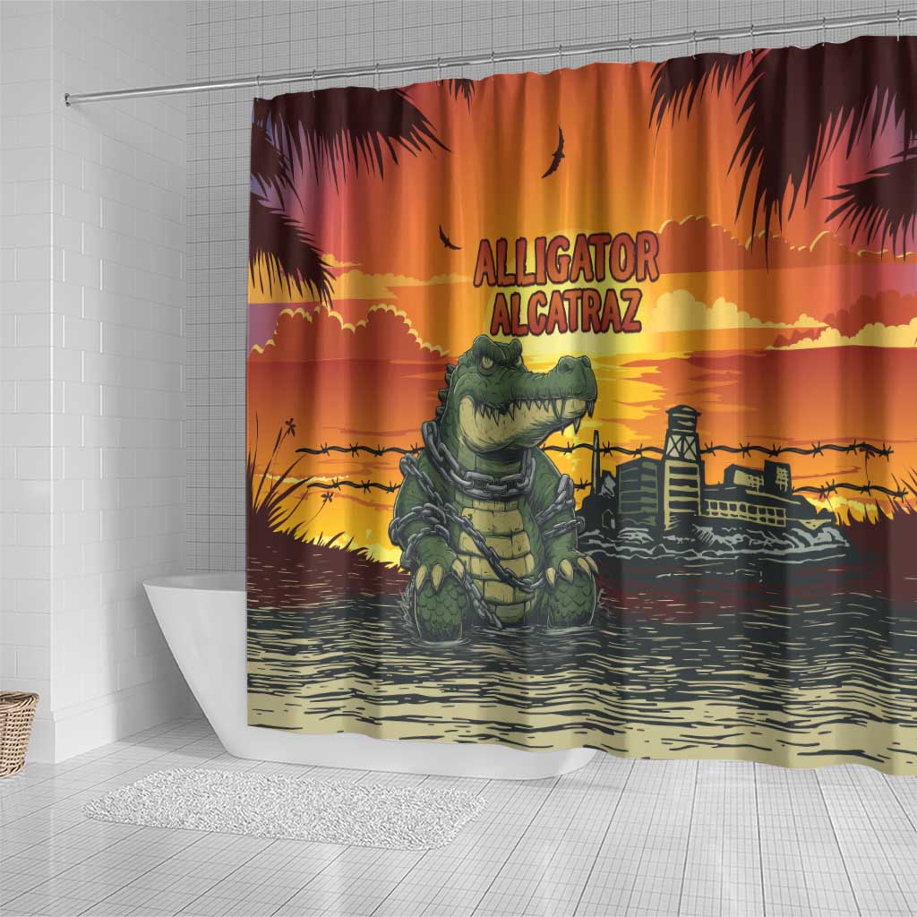 Alligator Alcatraz Shower Curtain Gator Island Prison Retro Sunset - Wonder Print Shop