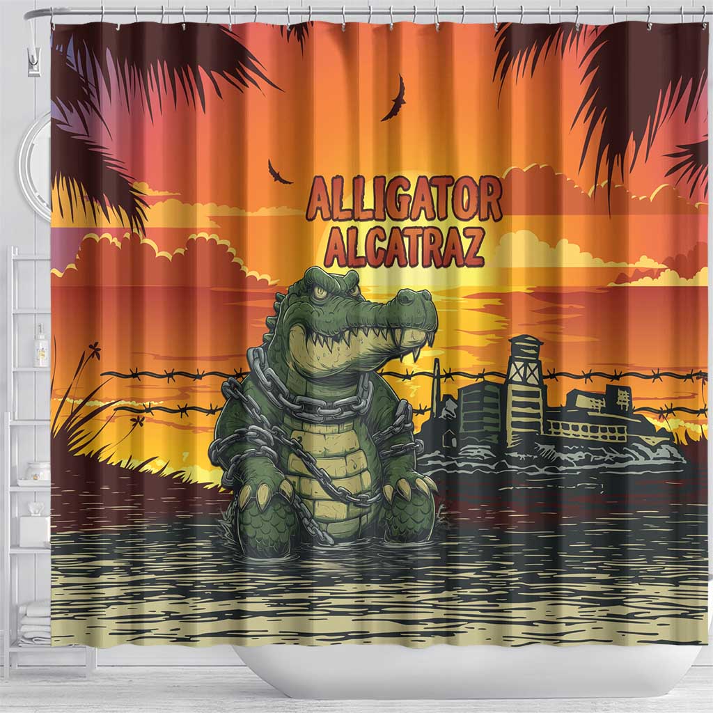 Alligator Alcatraz Shower Curtain Gator Island Prison Retro Sunset - Wonder Print Shop