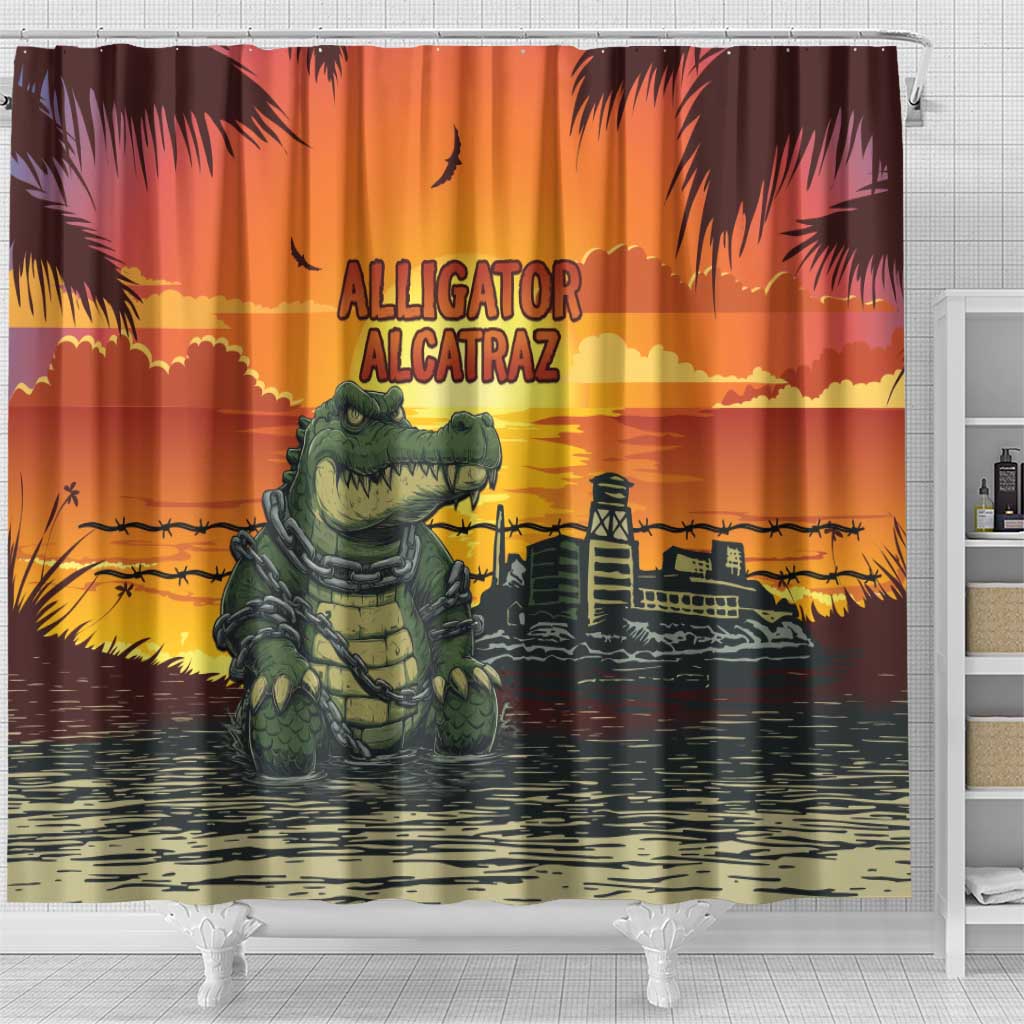 Alligator Alcatraz Shower Curtain Gator Island Prison Retro Sunset - Wonder Print Shop