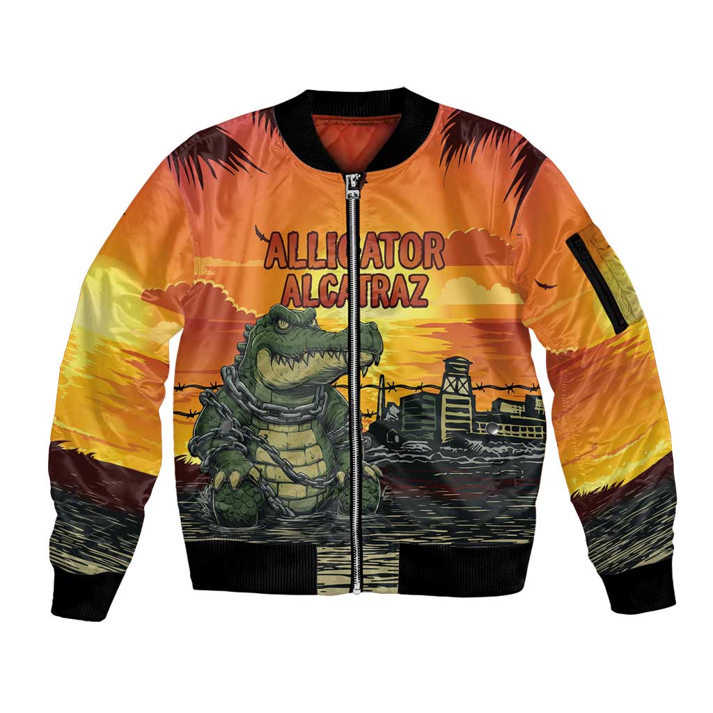 Personalized Alligator Alcatraz Sleeve Zip Bomber Jacket Gator Island Prison Retro Sunset - Wonder Print Shop