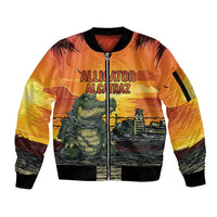 Personalized Alligator Alcatraz Sleeve Zip Bomber Jacket Gator Island Prison Retro Sunset - Wonder Print Shop