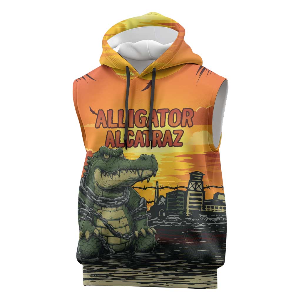 Personalized Alligator Alcatraz Sleeveless Hoodie Gator Island Prison Retro Sunset - Wonder Print Shop