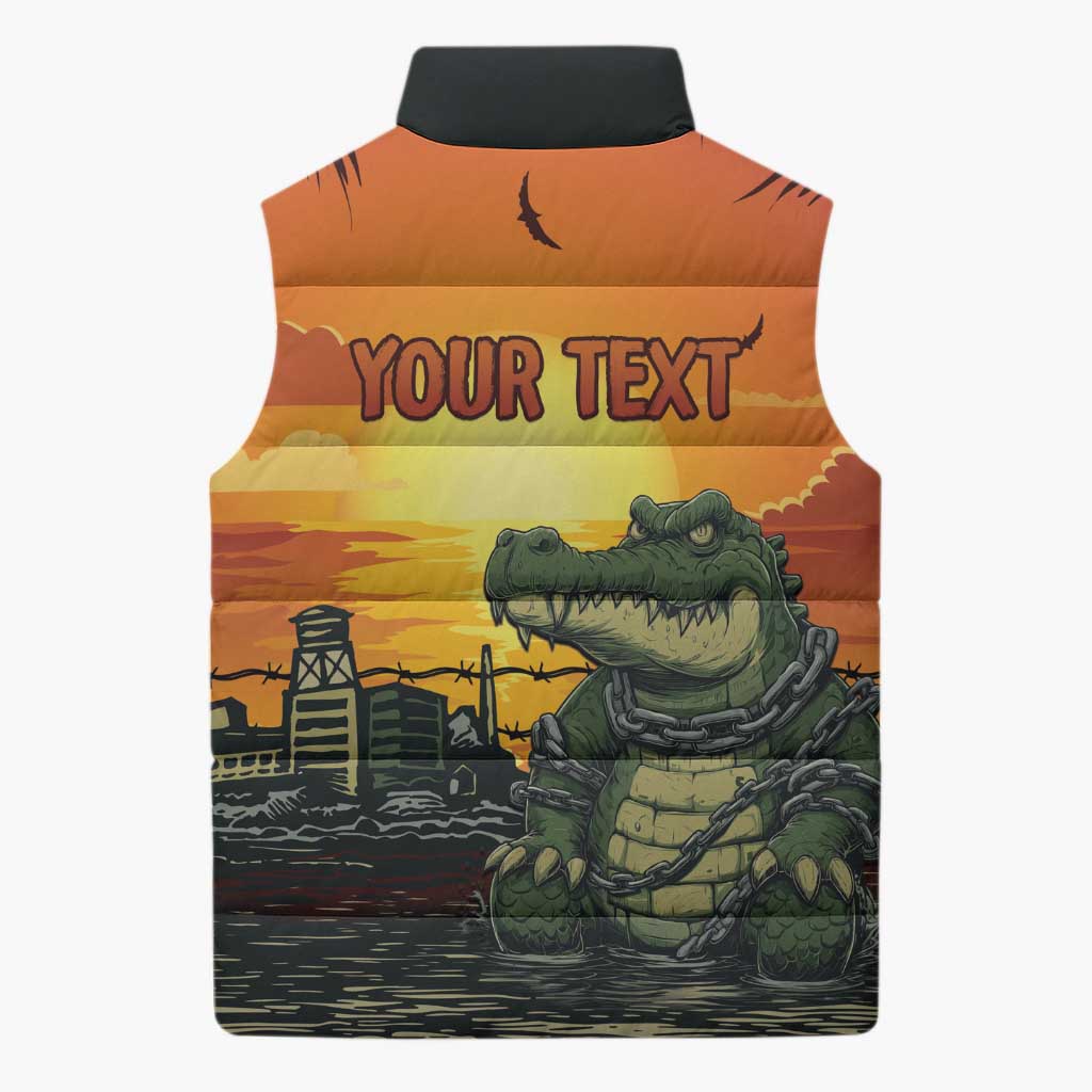 Personalized Alligator Alcatraz Sleeveless Puffer Jacket Gator Island Prison Retro Sunset - Wonder Print Shop