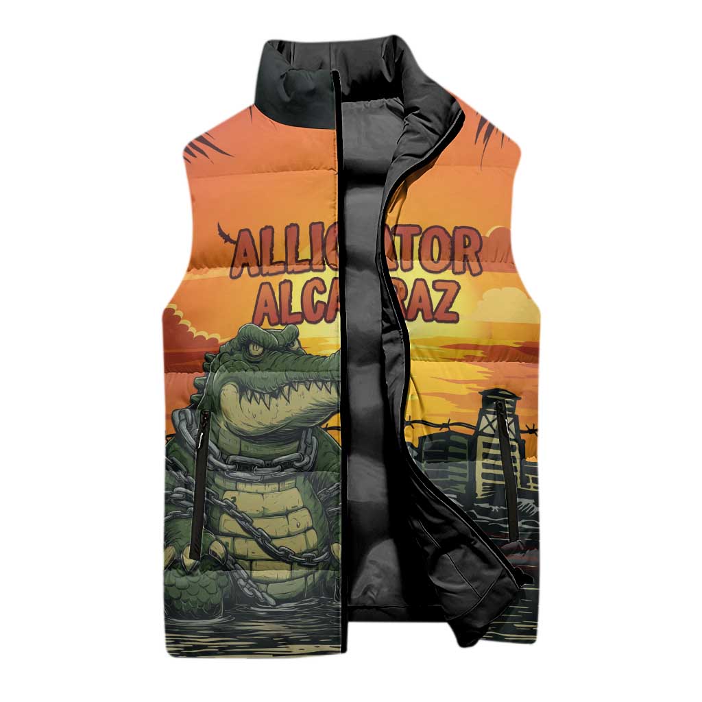 Personalized Alligator Alcatraz Sleeveless Puffer Jacket Gator Island Prison Retro Sunset - Wonder Print Shop