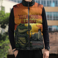 Personalized Alligator Alcatraz Sleeveless Puffer Jacket Gator Island Prison Retro Sunset - Wonder Print Shop