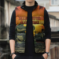 Personalized Alligator Alcatraz Sleeveless Puffer Jacket Gator Island Prison Retro Sunset - Wonder Print Shop