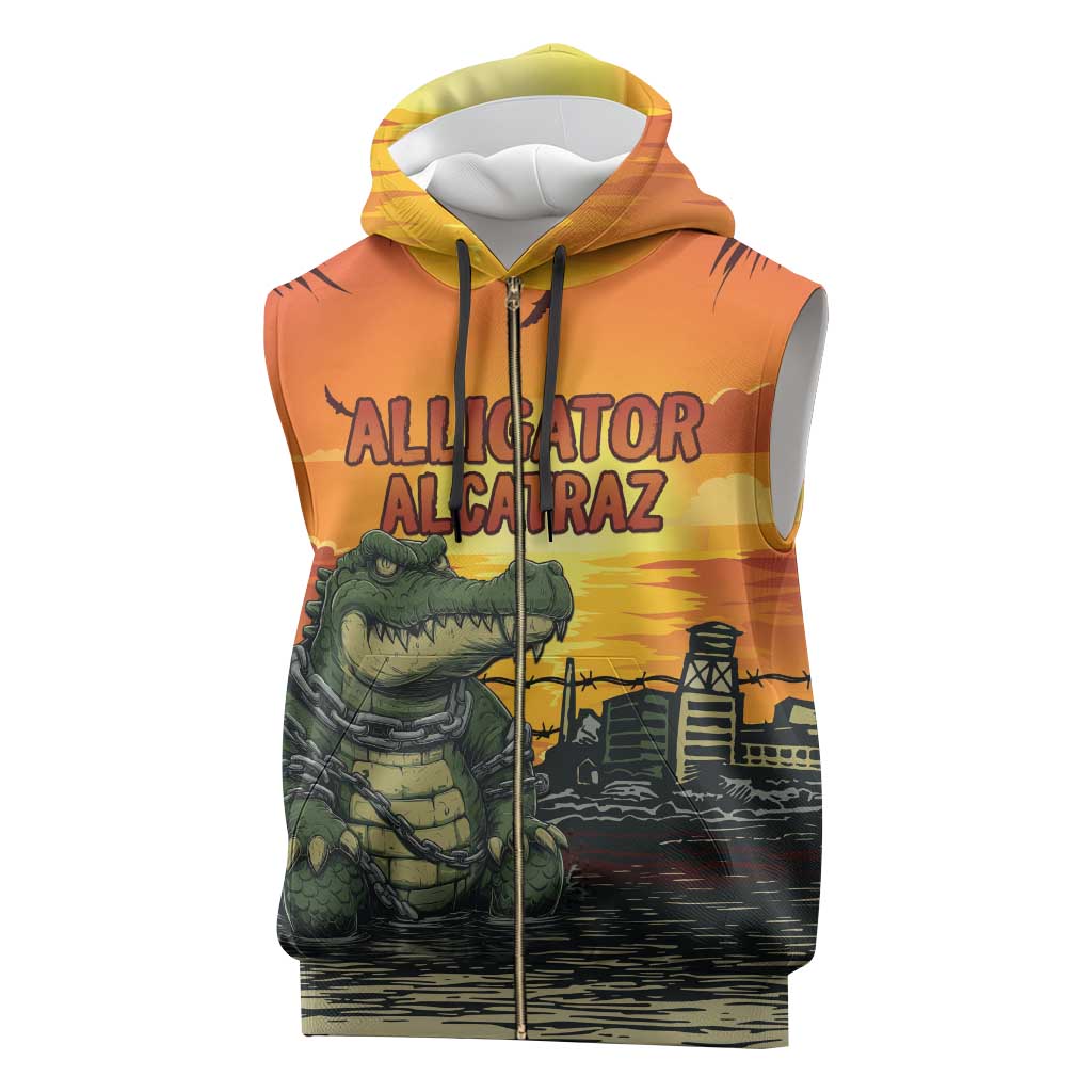 Personalized Alligator Alcatraz Sleeveless Zip Hoodie Gator Island Prison Retro Sunset - Wonder Print Shop