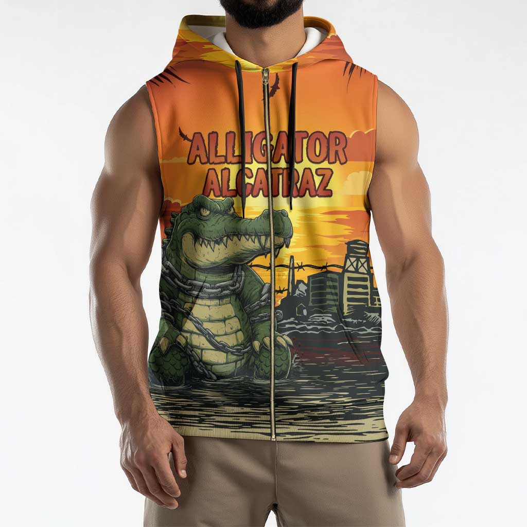 Personalized Alligator Alcatraz Sleeveless Zip Hoodie Gator Island Prison Retro Sunset - Wonder Print Shop