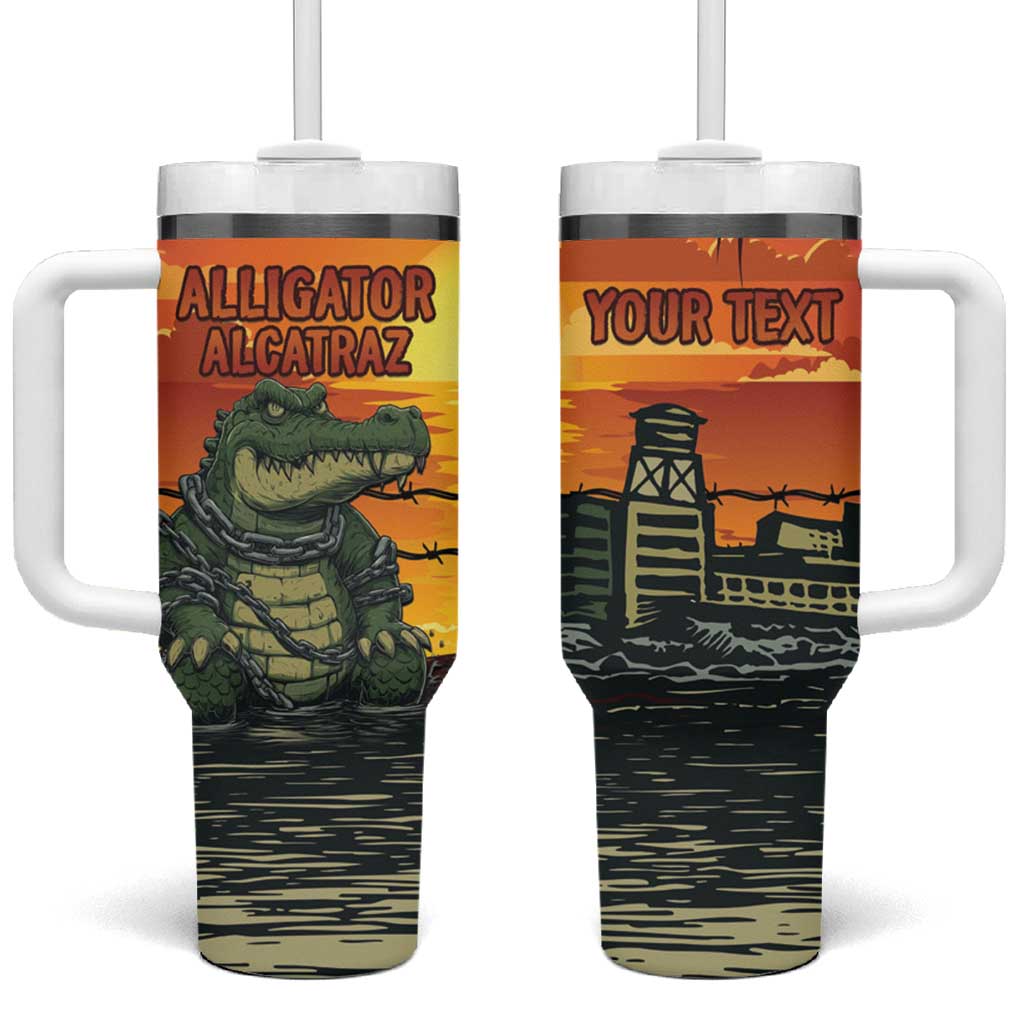 Personalized Alligator Alcatraz Tumbler With Handle Gator Island Prison Retro Sunset - Wonder Print Shop