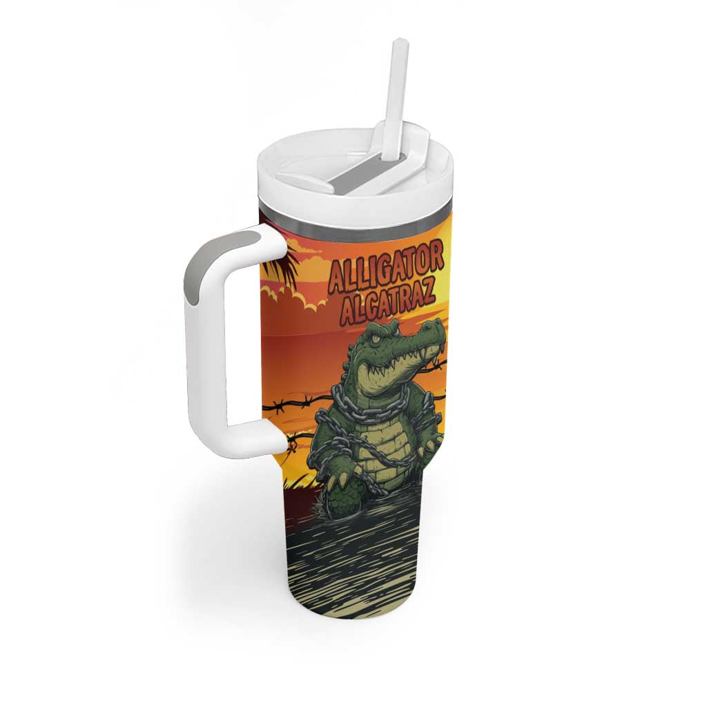 Personalized Alligator Alcatraz Tumbler With Handle Gator Island Prison Retro Sunset - Wonder Print Shop
