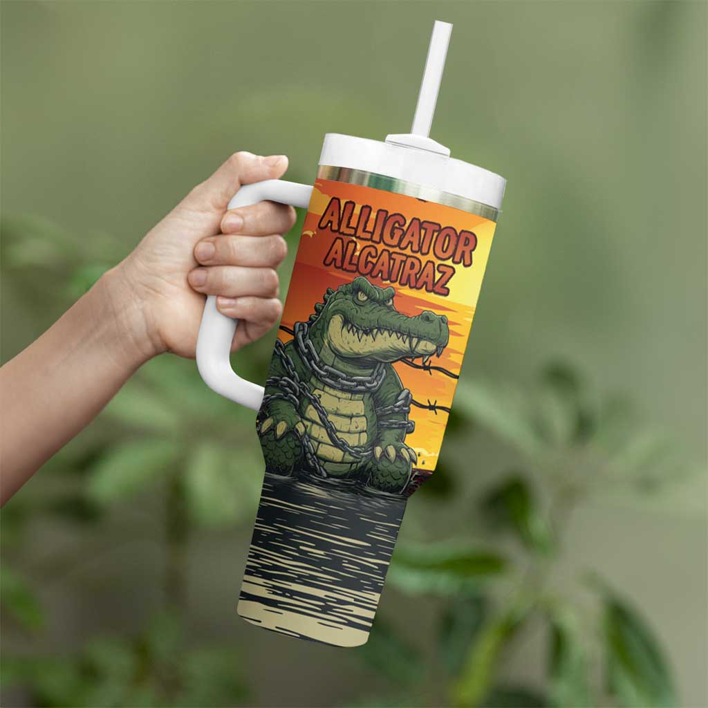 Personalized Alligator Alcatraz Tumbler With Handle Gator Island Prison Retro Sunset - Wonder Print Shop