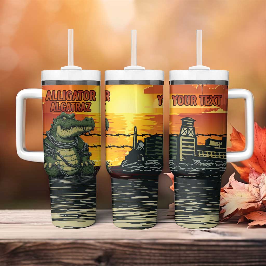 Personalized Alligator Alcatraz Tumbler With Handle Gator Island Prison Retro Sunset - Wonder Print Shop