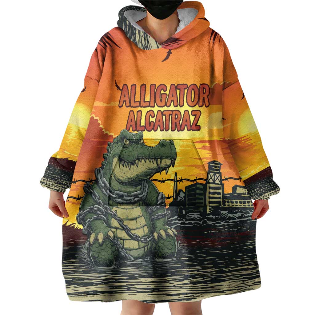 Personalized Alligator Alcatraz Wearable Blanket Hoodie Gator Island Prison Retro Sunset - Wonder Print Shop