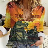 Personalized Alligator Alcatraz Women Casual Shirt Gator Island Prison Retro Sunset - Wonder Print Shop