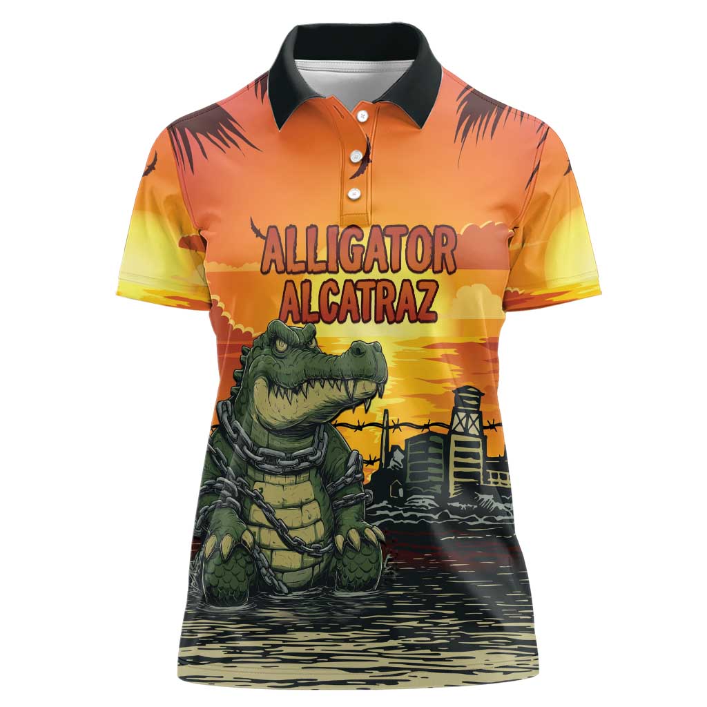 Personalized Alligator Alcatraz Women Polo Shirt Gator Island Prison Retro Sunset - Wonder Print Shop