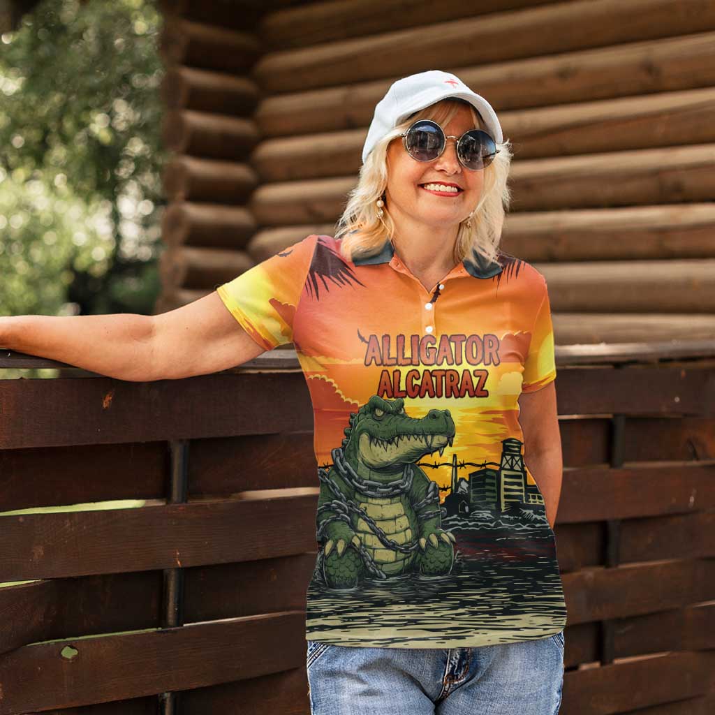 Personalized Alligator Alcatraz Women Polo Shirt Gator Island Prison Retro Sunset - Wonder Print Shop