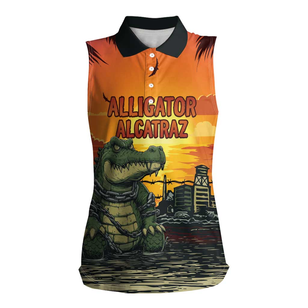 Personalized Alligator Alcatraz Women Sleeveless Polo Shirt Gator Island Prison Retro Sunset - Wonder Print Shop