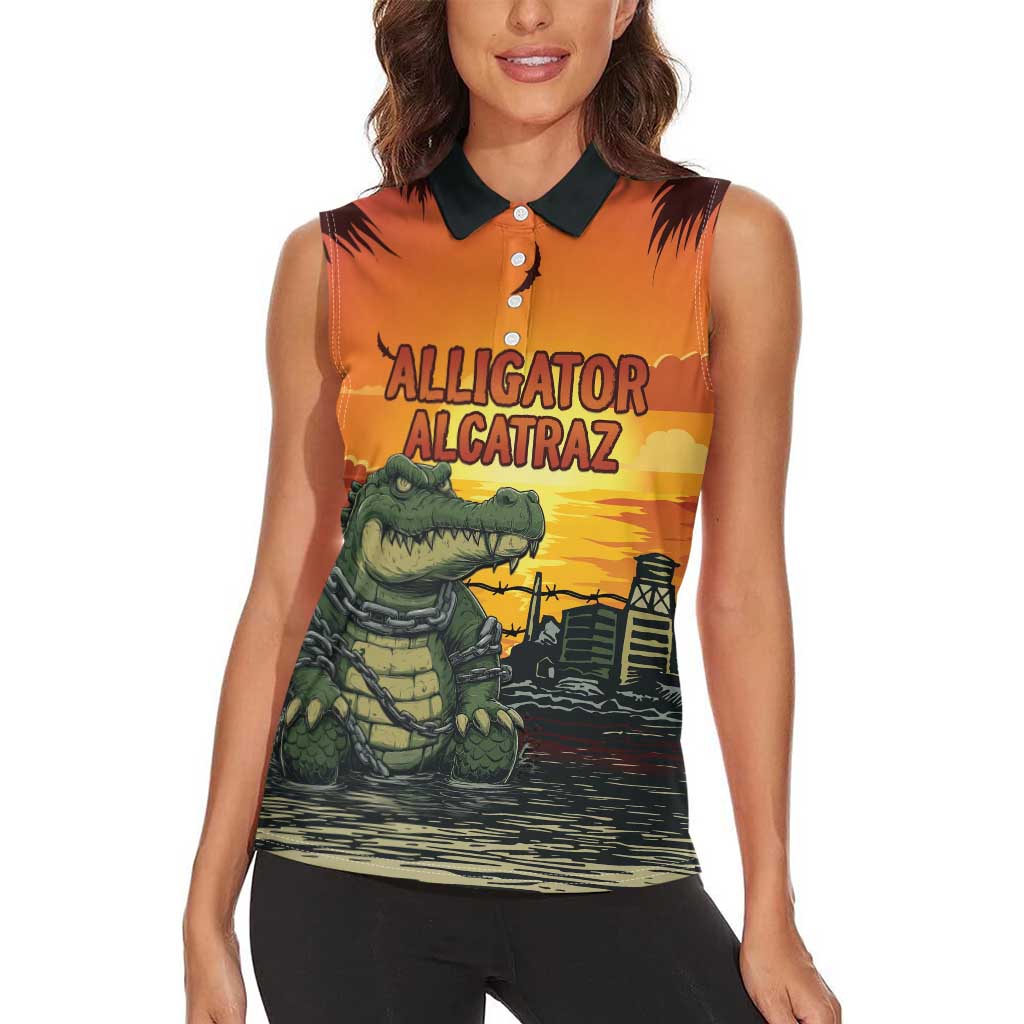 Personalized Alligator Alcatraz Women Sleeveless Polo Shirt Gator Island Prison Retro Sunset - Wonder Print Shop