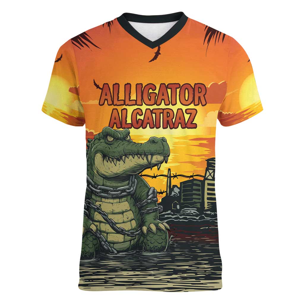 Personalized Alligator Alcatraz Women V-Neck T-Shirt Gator Island Prison Retro Sunset - Wonder Print Shop
