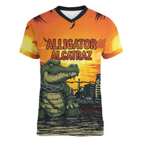 Personalized Alligator Alcatraz Women V-Neck T-Shirt Gator Island Prison Retro Sunset - Wonder Print Shop