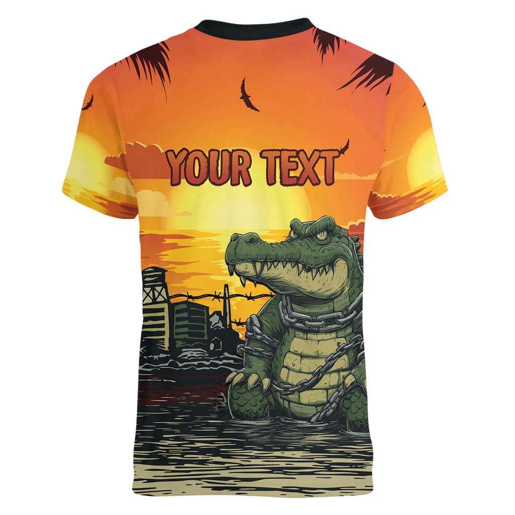 Personalized Alligator Alcatraz Women V-Neck T-Shirt Gator Island Prison Retro Sunset - Wonder Print Shop