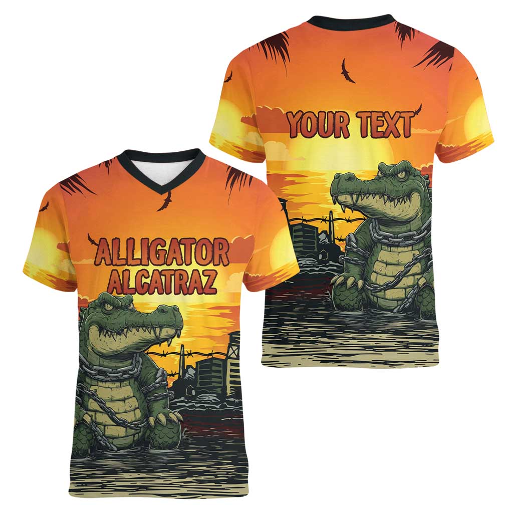 Personalized Alligator Alcatraz Women V-Neck T-Shirt Gator Island Prison Retro Sunset - Wonder Print Shop