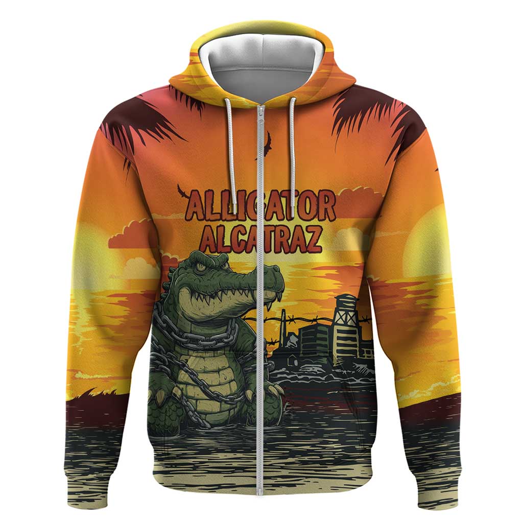 Personalized Alligator Alcatraz Zip Hoodie Gator Island Prison Retro Sunset - Wonder Print Shop