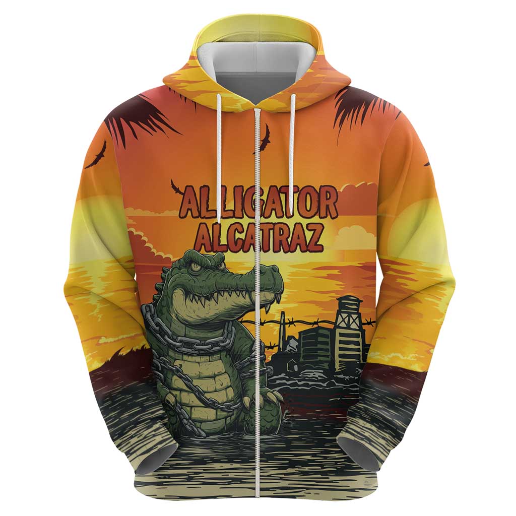 Personalized Alligator Alcatraz Zip Hoodie Gator Island Prison Retro Sunset - Wonder Print Shop