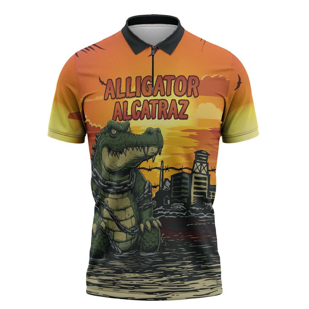 Personalized Alligator Alcatraz Zipper Polo Shirt Gator Island Prison Retro Sunset - Wonder Print Shop
