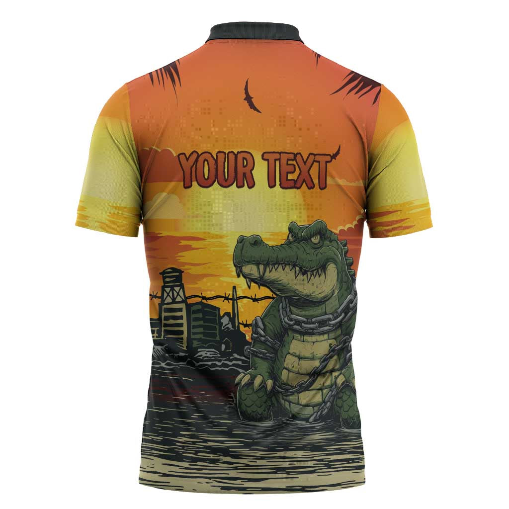 Personalized Alligator Alcatraz Zipper Polo Shirt Gator Island Prison Retro Sunset - Wonder Print Shop