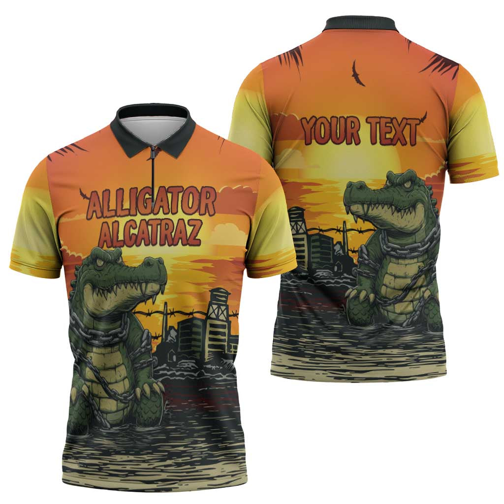 Personalized Alligator Alcatraz Zipper Polo Shirt Gator Island Prison Retro Sunset - Wonder Print Shop