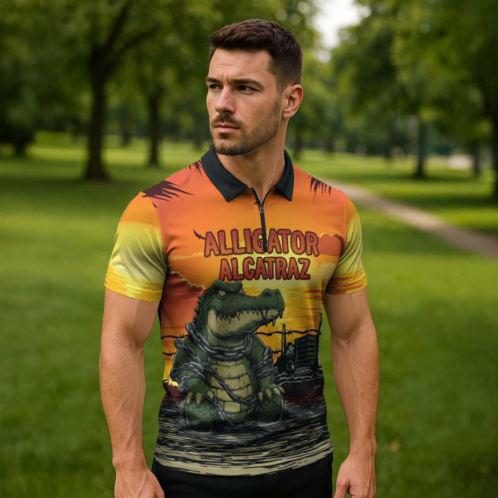 Personalized Alligator Alcatraz Zipper Polo Shirt Gator Island Prison Retro Sunset - Wonder Print Shop