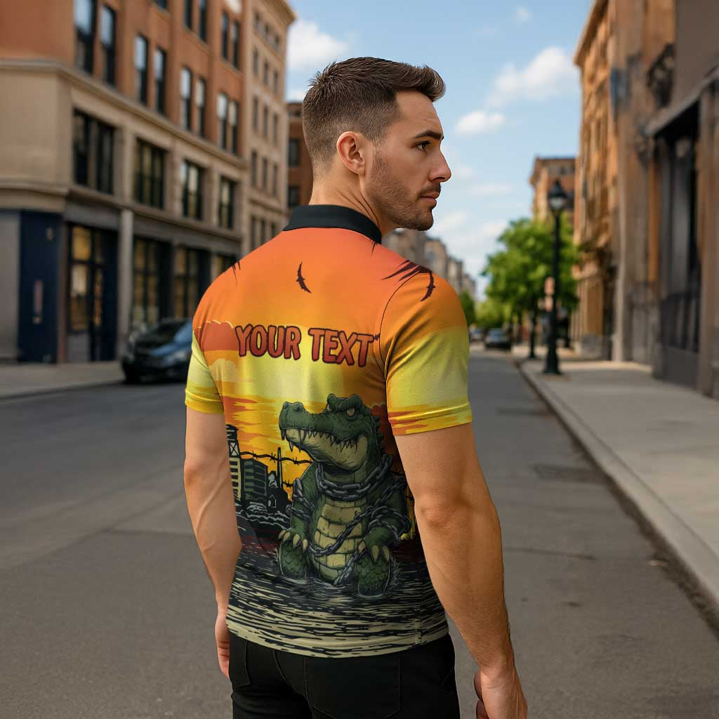 Personalized Alligator Alcatraz Zipper Polo Shirt Gator Island Prison Retro Sunset - Wonder Print Shop