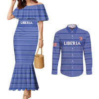 Custom Liberia Football Couples Matching Mermaid Dress and Long Sleeve Button Shirt Women Blue Jersey - Wonder Print Shop