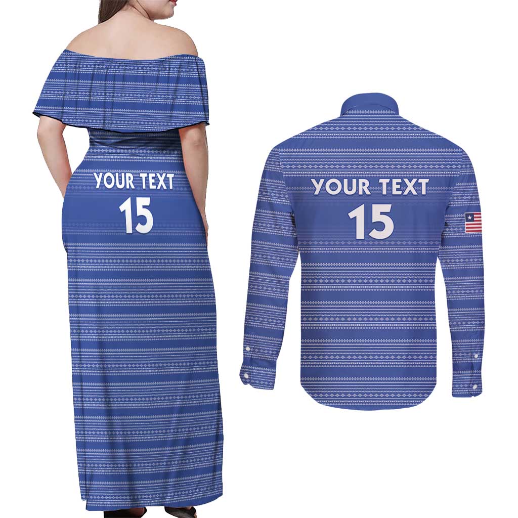 Custom Liberia Football Couples Matching Off Shoulder Maxi Dress and Long Sleeve Button Shirt Women Blue Jersey - Wonder Print Shop