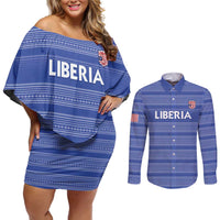 Custom Liberia Football Couples Matching Off Shoulder Short Dress and Long Sleeve Button Shirt Women Blue Jersey - Wonder Print Shop