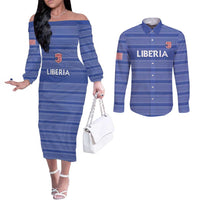 Custom Liberia Football Couples Matching Off The Shoulder Long Sleeve Dress and Long Sleeve Button Shirt Women Blue Jersey - Wonder Print Shop