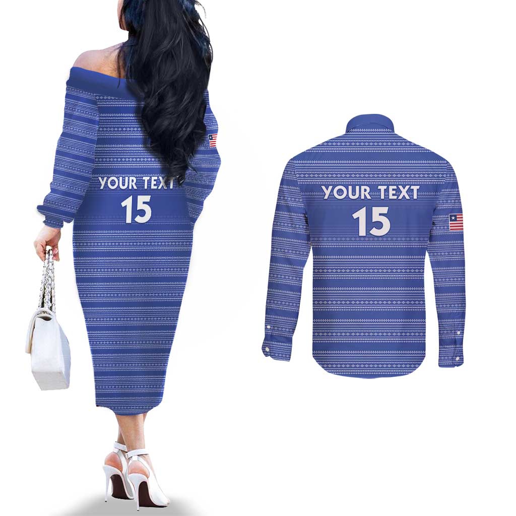 Custom Liberia Football Couples Matching Off The Shoulder Long Sleeve Dress and Long Sleeve Button Shirt Women Blue Jersey - Wonder Print Shop