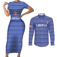 Custom Liberia Football Couples Matching Short Sleeve Bodycon Dress and Long Sleeve Button Shirt Women Blue Jersey - Wonder Print Shop