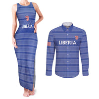 Custom Liberia Football Couples Matching Tank Maxi Dress and Long Sleeve Button Shirt Women Blue Jersey - Wonder Print Shop