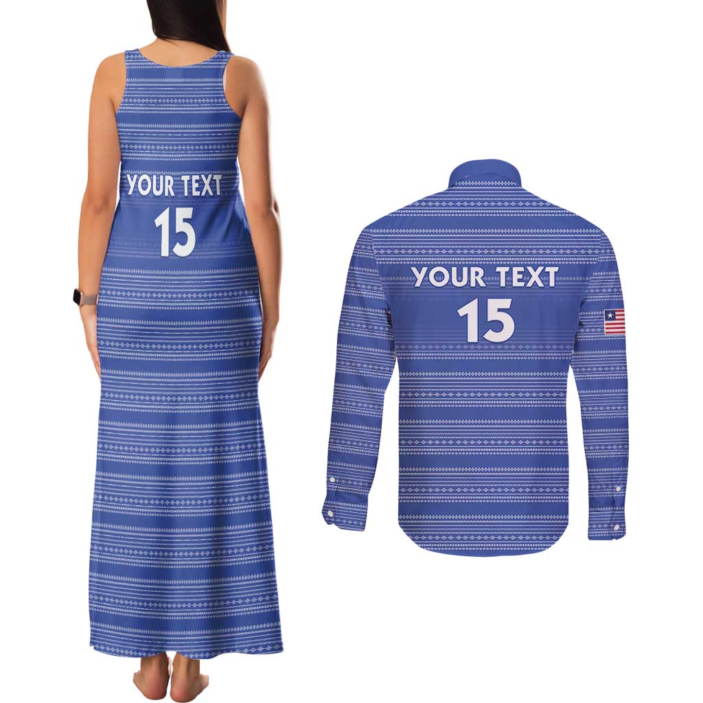 Custom Liberia Football Couples Matching Tank Maxi Dress and Long Sleeve Button Shirt Women Blue Jersey - Wonder Print Shop