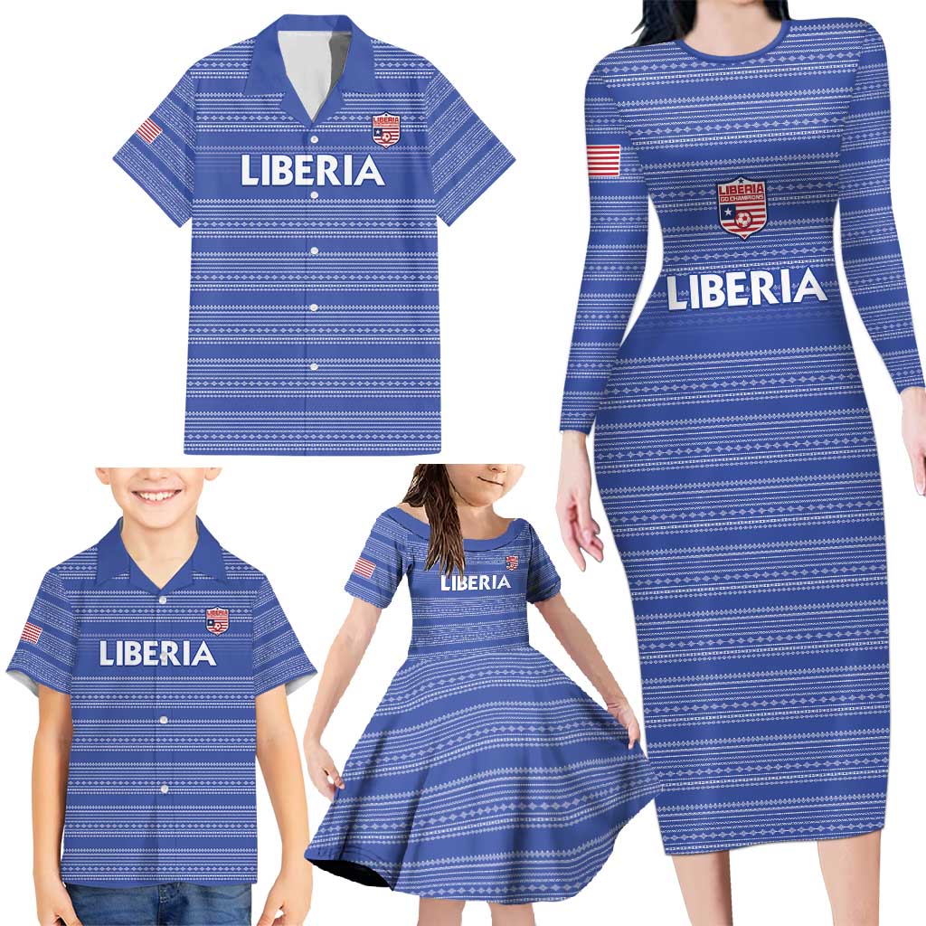 Custom Liberia Football Family Matching Long Sleeve Bodycon Dress and Hawaiian Shirt Women Blue Jersey - Wonder Print Shop